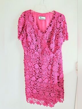 Lourdes Chavez Silk Pink Lace Eyelet Wrap Dress Vintage